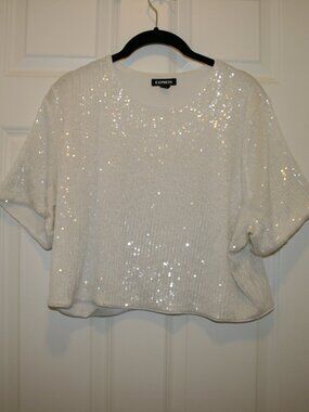 Express White Sequin Crop Top